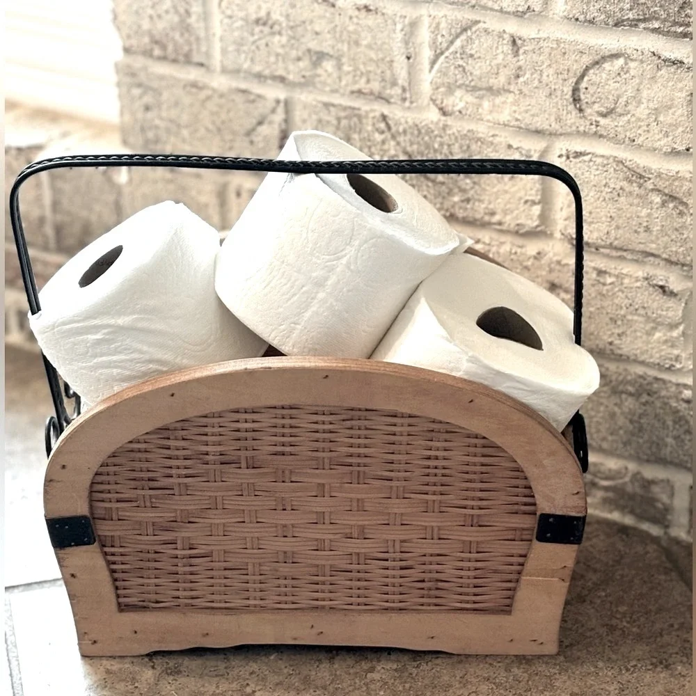 Woven Wooden Magazine Holder. 13”x13.5. Textured | Iron Accents | Vintage.